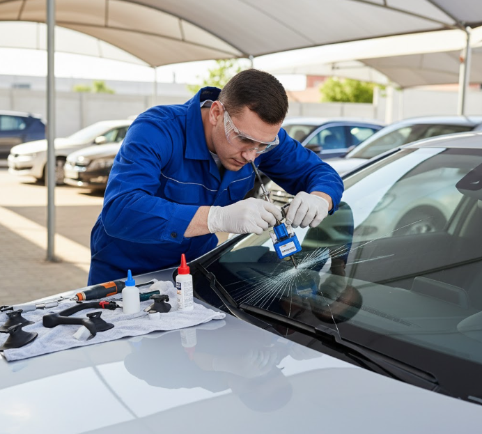 Technician repairing a windshield